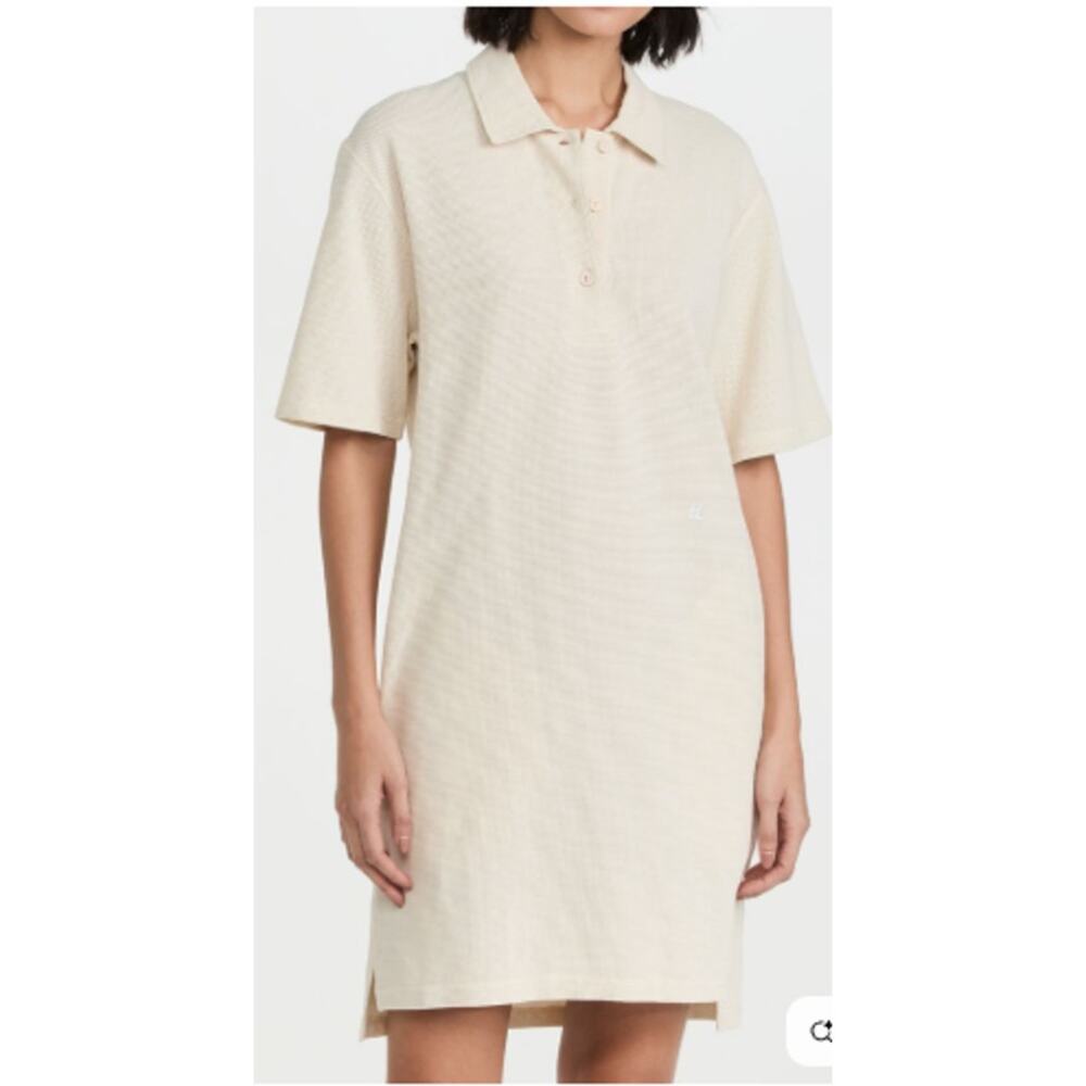 NWT Helmut Lang Short Sleeve Collared Waffle Mini Polo Dress Beige Womens Size S